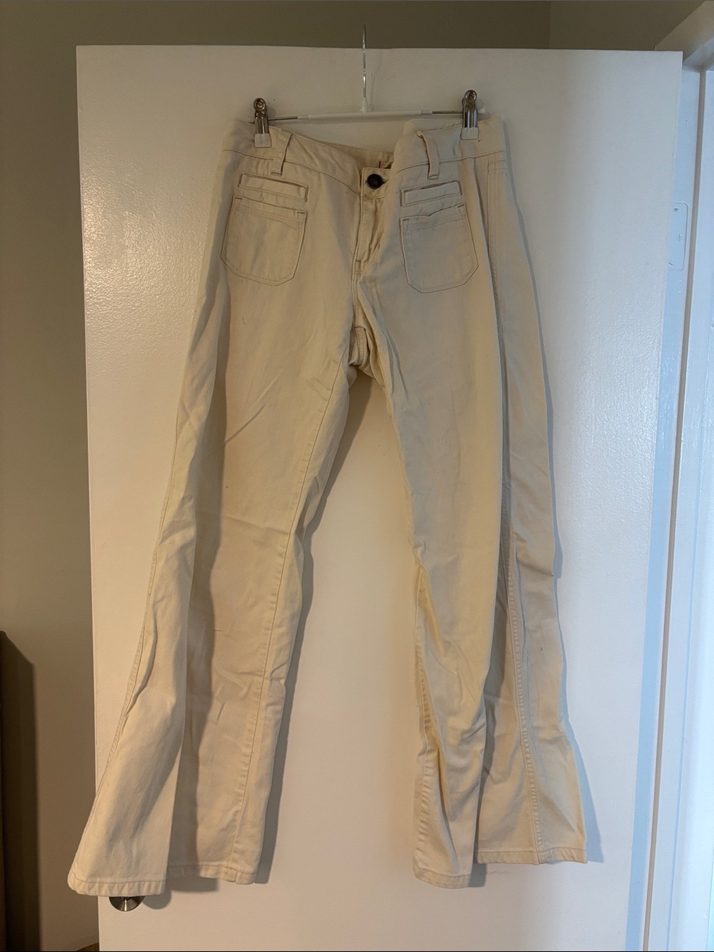 High-Rise Cream Flare Jeans with Front Pocket Detail